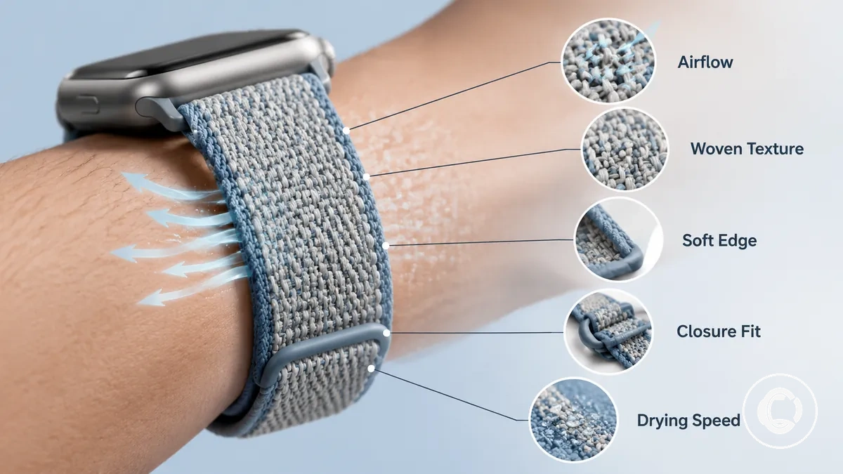 Nahaufnahme eines atmungsaktiven Nylon- und Gewebestoff-Armbands mit Darstellung der Webstruktur, des Bandrands, des Verschlussbereichs, des Handgelenkkontakts und der Luftzirkulation