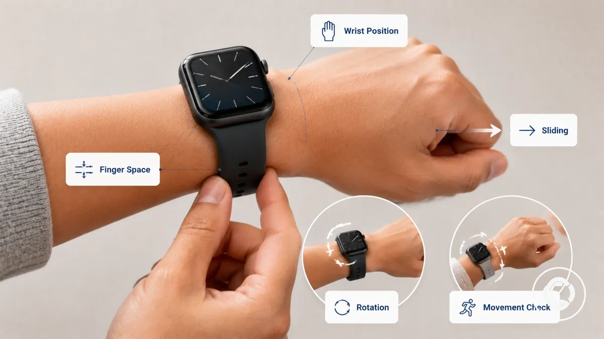 Fingerabstand, Handgelenksposition und Bewegungskontrollen zur Passform des Smartwatch-Armbands