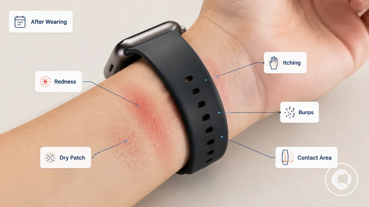 Häufige Anzeichen von Hautreizungen durch Smartwatch-Armbänder im Kontaktbereich des Handgelenks