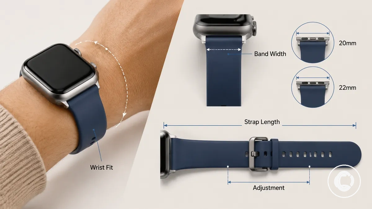 Diagramm zur Smartwatch-Bandgröße mit Bandbreite, Riemenlänge und Handgelenkspassform-Maßen