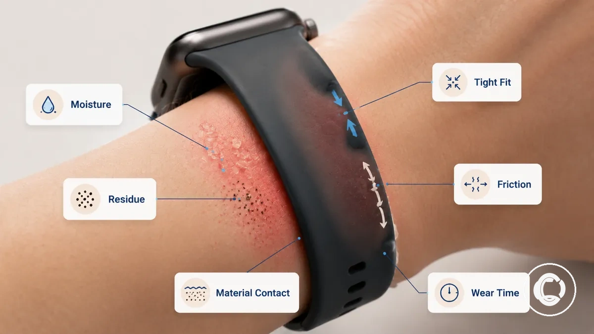 Ursachengruppen im Zusammenhang mit Hautreizungen durch Smartwatch-Armbänder