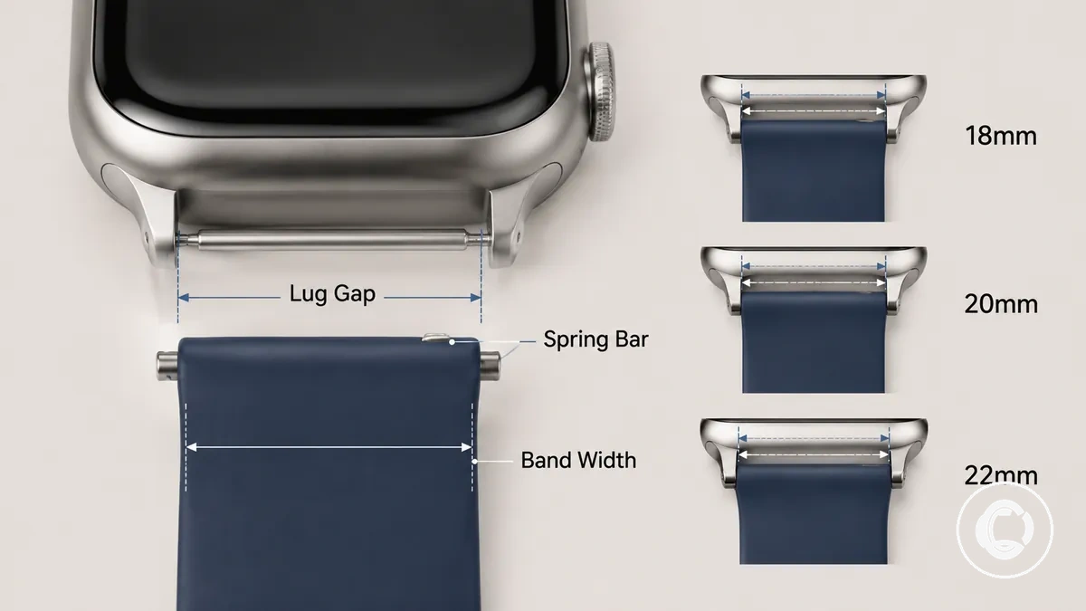 Close-up of smartwatch band width and lug measurement with millimetre label