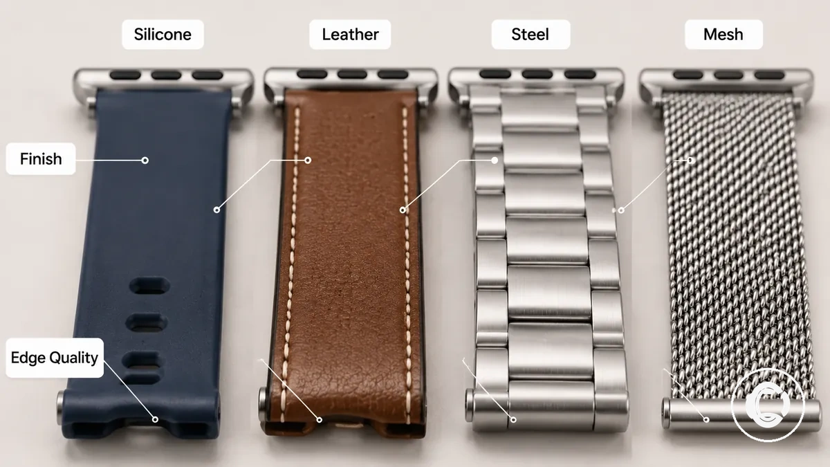 Close-up smartwatch band material finish and wear resistance details