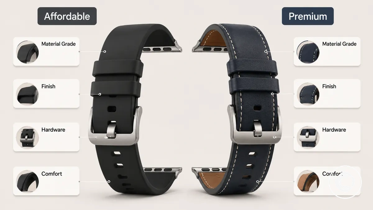 Affordable and premium smartwatch bands compared by finish hardware and construction details