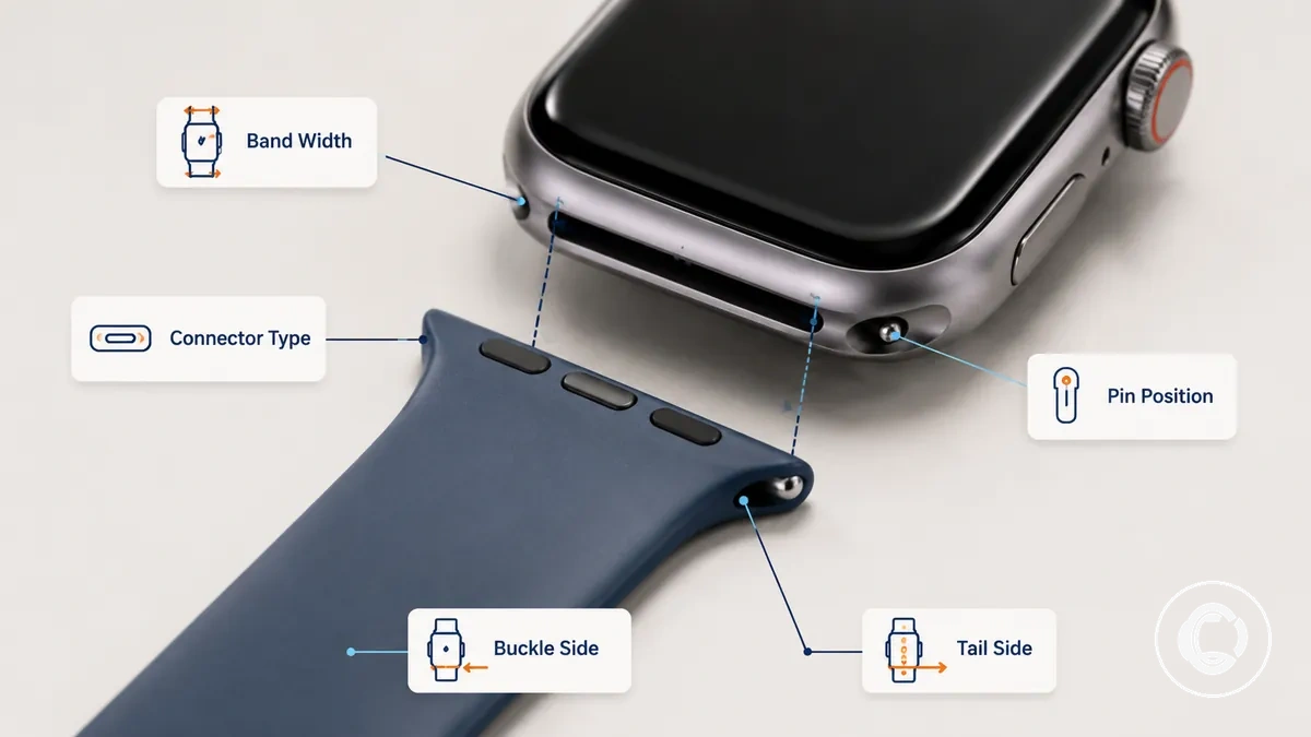 smartwatch band width connector type and strap orientation labeled before installation