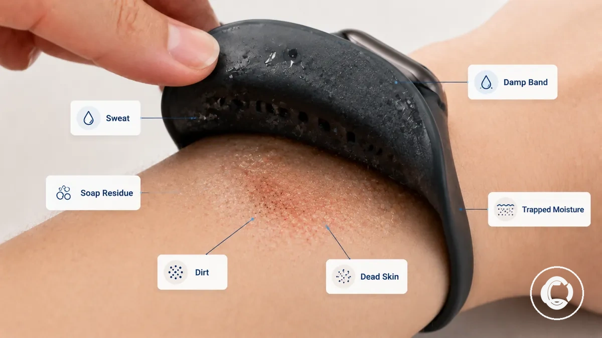Damp smartwatch band with moisture and residue in the wrist contact area