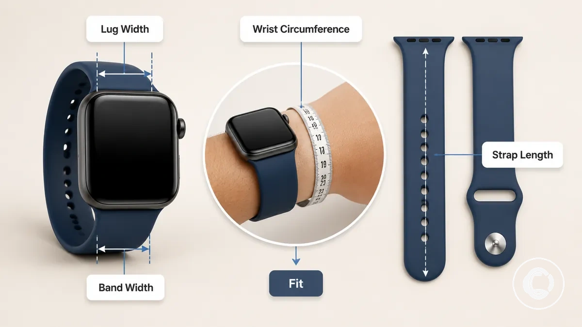 smartwatch band measurements showing lug width wrist circumference and strap length