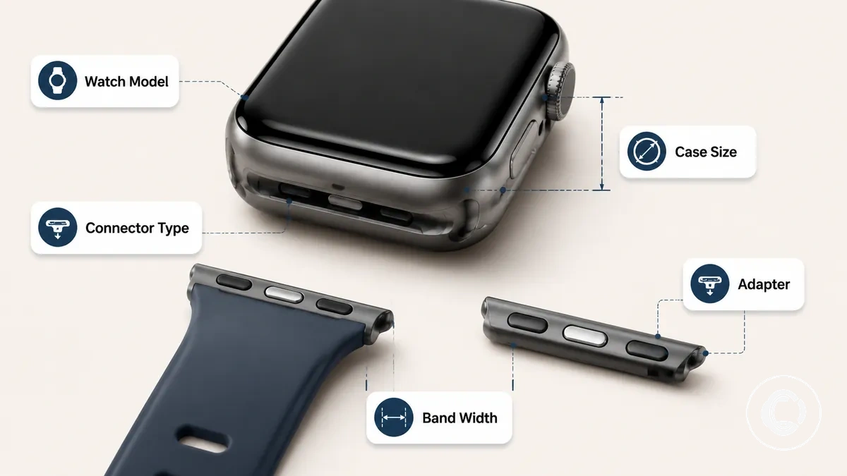 Annotated smartwatch showing watch model area, case size, and band connector type