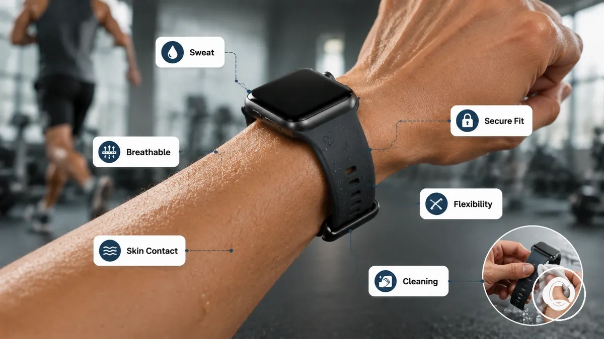 Workout smartwatch band showing sweat, closure and wrist contact points