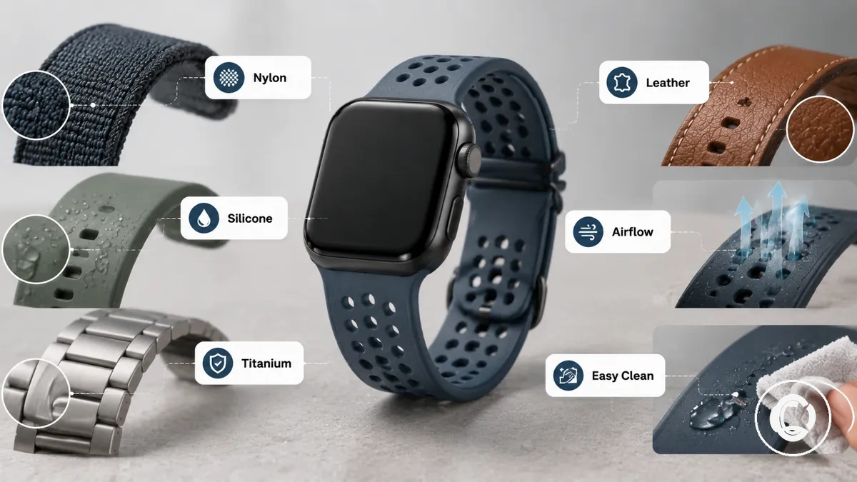 Comparison of smartwatch band materials showing contact surface moisture behaviour and sensitivity considerations