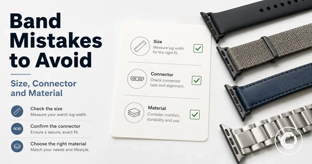 Smartwatch band options checked for size, connector fit and material before buying
