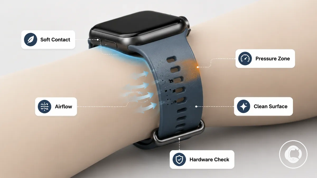 Correa para smartwatch anotada que muestra el área de contacto, la zona de presión, la posición del cierre, la indicación de flujo de aire y la superficie limpia