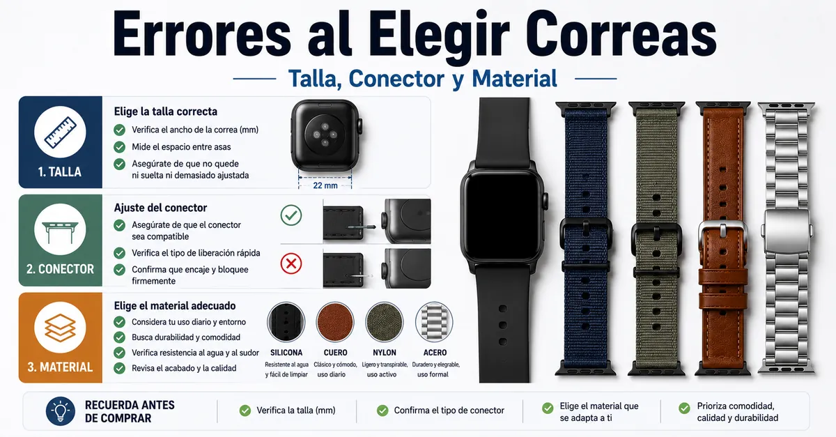 Opciones de correas para smartwatch revisadas por talla, conector y material antes de comprar