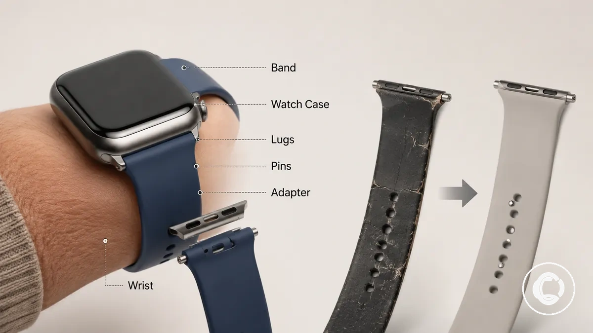 Bracelet de montre connectée fixé à un boîtier de montre avec sangle et connecteurs étiquetés