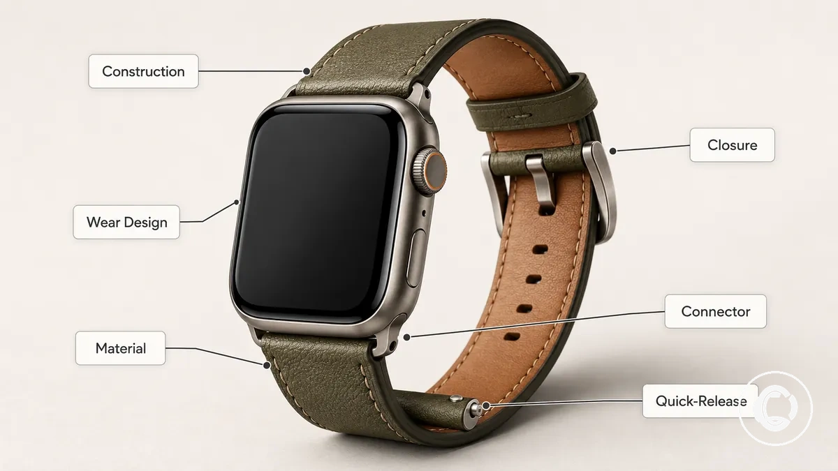 Bracelet de montre connectée annoté montrant le corps du bracelet, le matériau, le fermoir, le connecteur et le boîtier de la montre