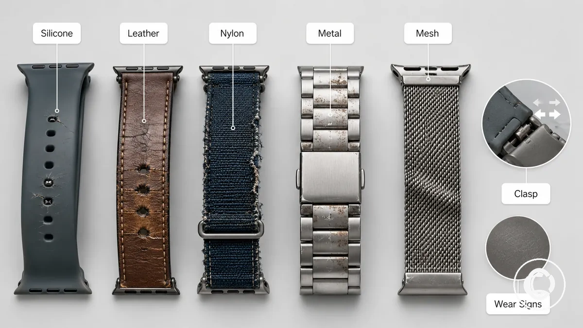 Matériaux de bracelet de montre connectée avec exemples de dommages visibles de la sangle