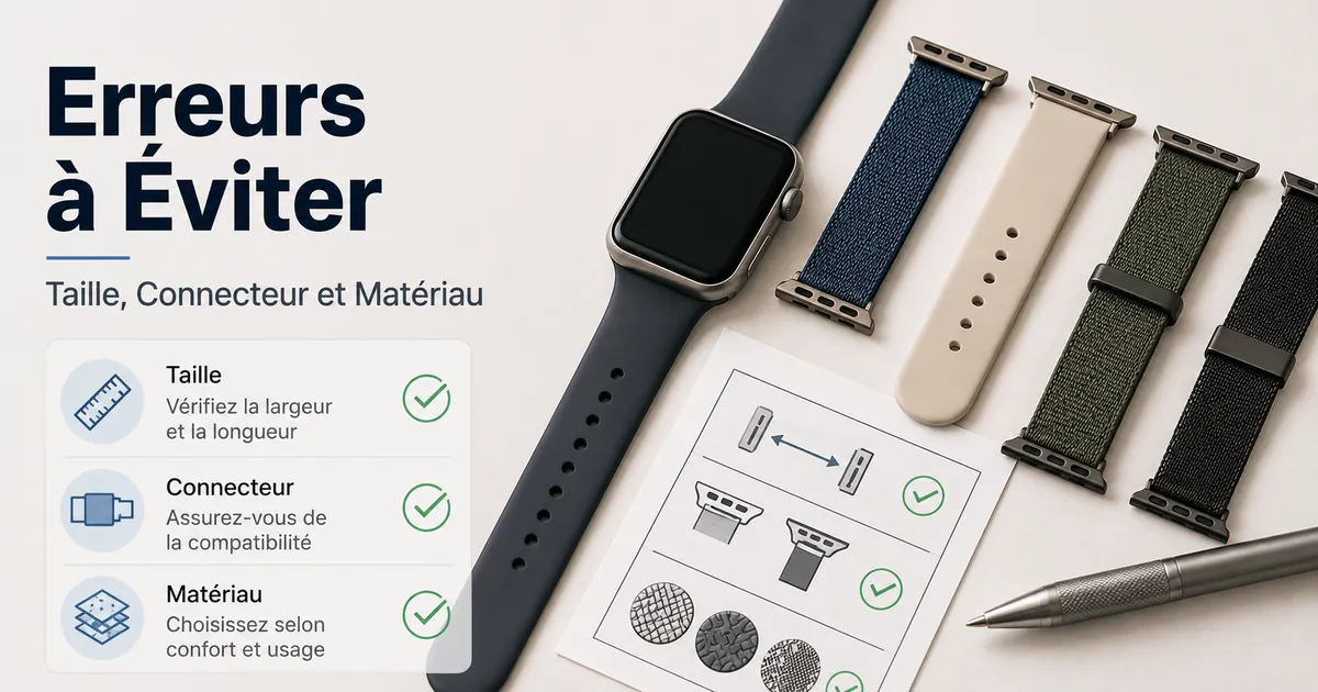 Options de bracelets de montre connectée vérifiées par taille, connecteur et matériau avant achat