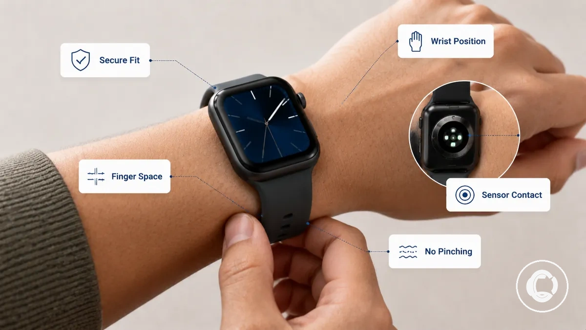 Ajuste firme de pulseira para smartwatch mostrado por posição do pulso, controle de movimento e equilíbrio de pressão