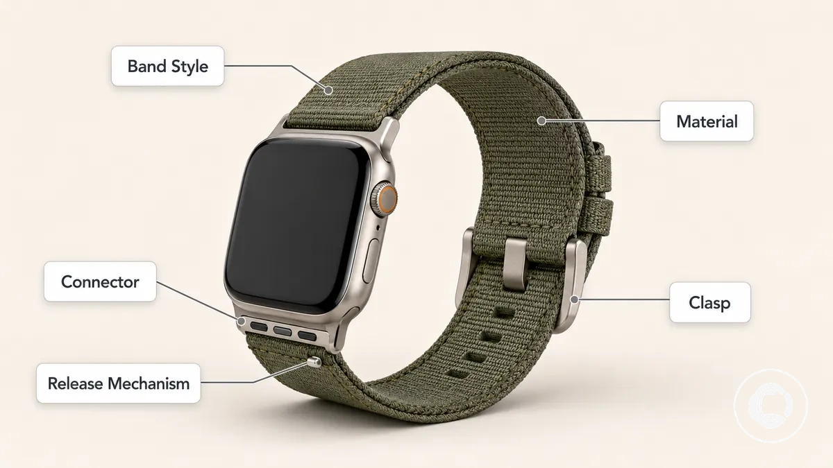 Diagrama separando os atributos de estilo, material, fecho e conector da pulseira de smartwatch