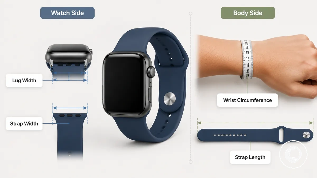 pulseira de smartwatch anotada mostrando largura da pulseira largura entre as hastes circunferência do pulso e comprimento da pulseira