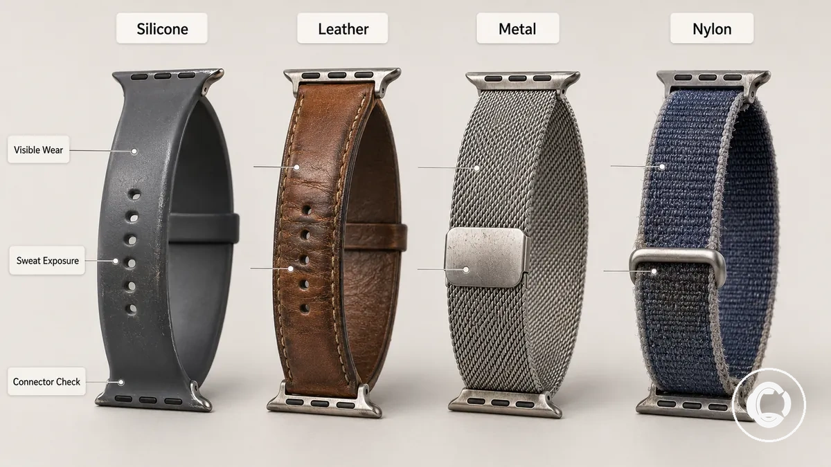 Pulseiras para smartwatch em diferentes materiais mostrando condições comuns de desgaste