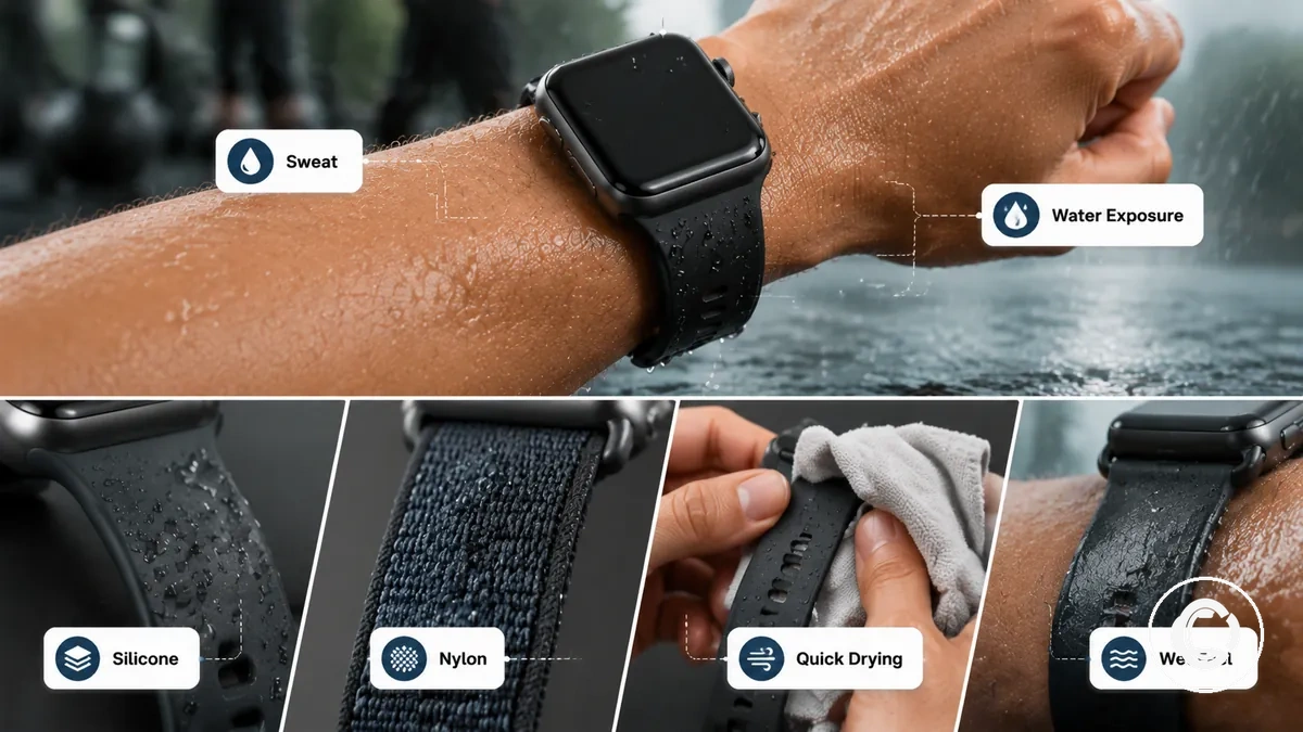 Exemplos de umidade em pulseira de smartwatch para suor, exposição à água e secagem