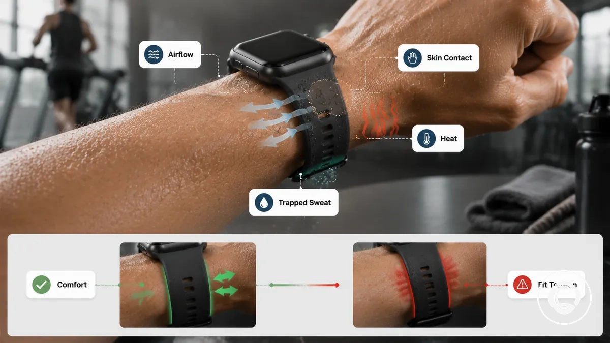 Áreas de contato da pulseira de smartwatch que afetam a respirabilidade e o calor durante o exercício