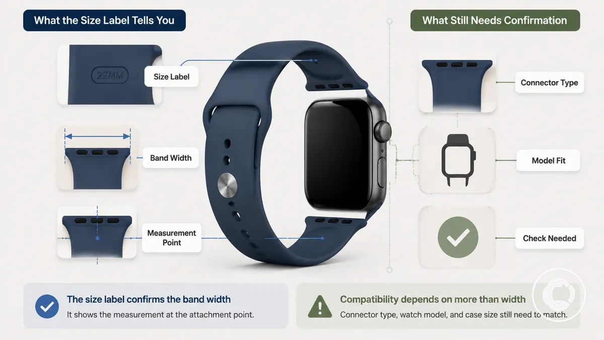 rótulo de tamanho de pulseira de smartwatch com largura da pulseira e área do conector anotada