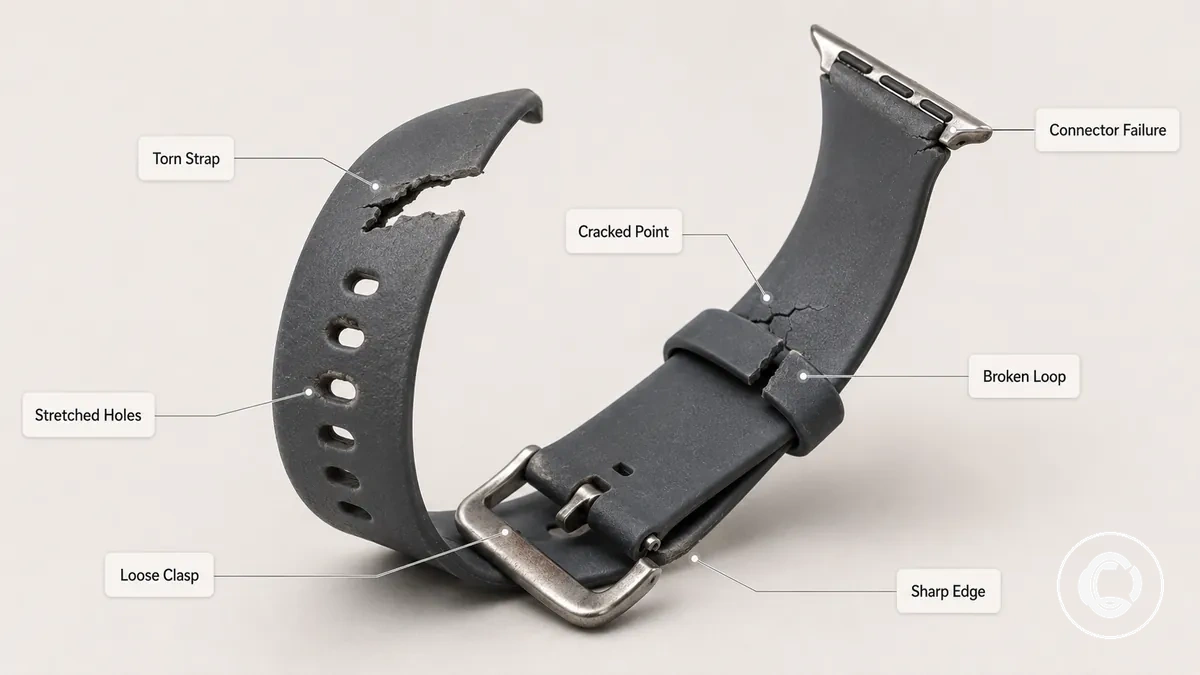 Pulseira para smartwatch danificada com etiquetas para sinais de desgaste inseguros