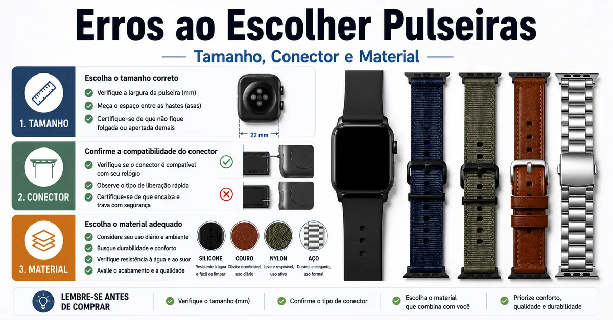 Opções de pulseiras para smartwatch verificadas por tamanho, conector e material antes da compra
