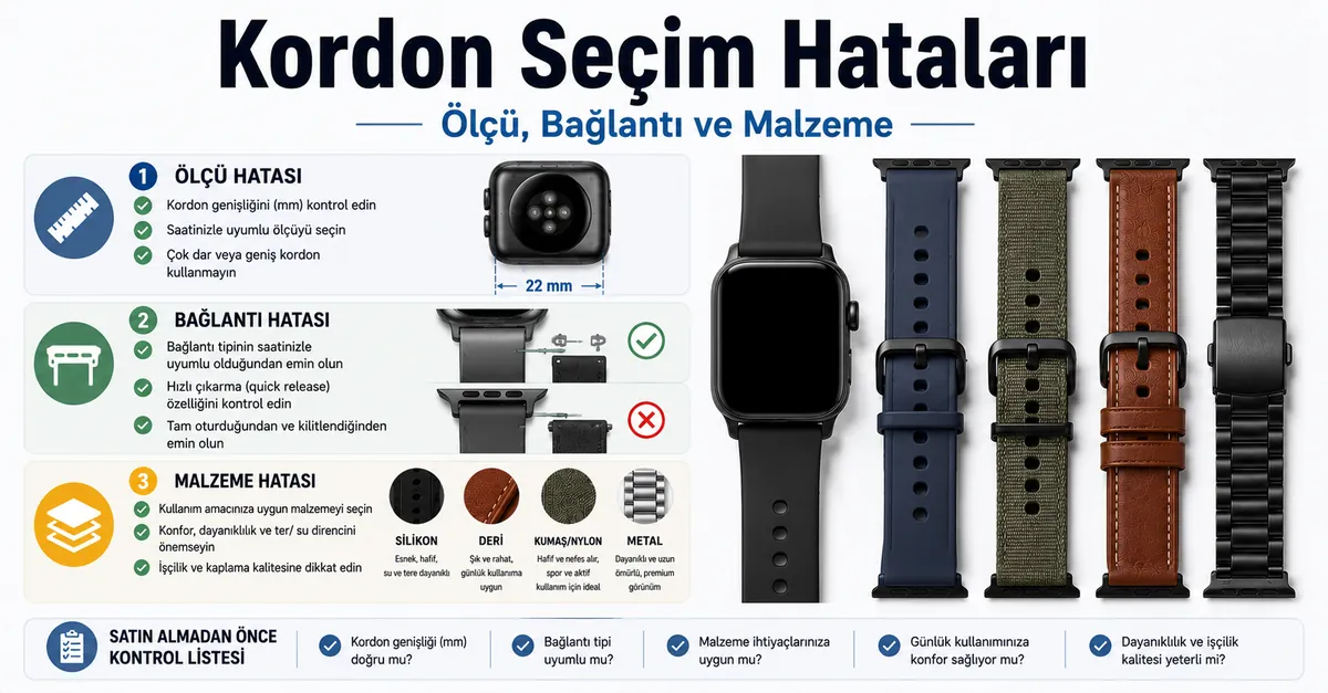 Satın almadan önce ölçü, bağlantı ve malzeme açısından kontrol edilen akıllı saat kordonu seçenekleri